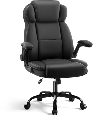 AreShark Ergonomic Office Chair with High Back Headrest,PU Leather Executive Desk Chair Padded Flip-Up Armrests,Lumbar Support,Swivel Computer Chair for Home Office & Gaming,Black