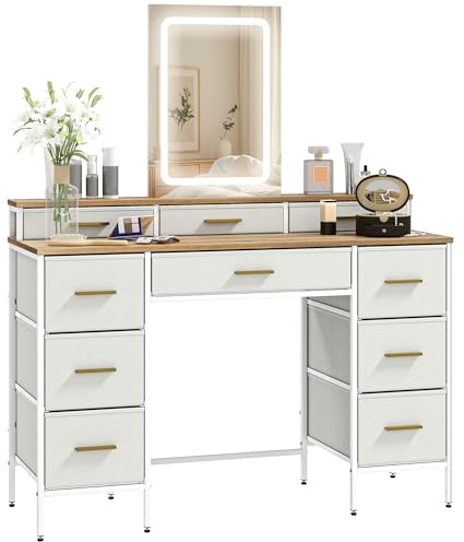 HOMCOM Coiffeuse avec Miroir et lumières LED 3 Couleurs, Table de Maquillage avec 10 tiroirs en Tissu, Pieds en Acier, Style Moderne, 118,5 x 39,5 x 140 cm, Effet Bois Naturel