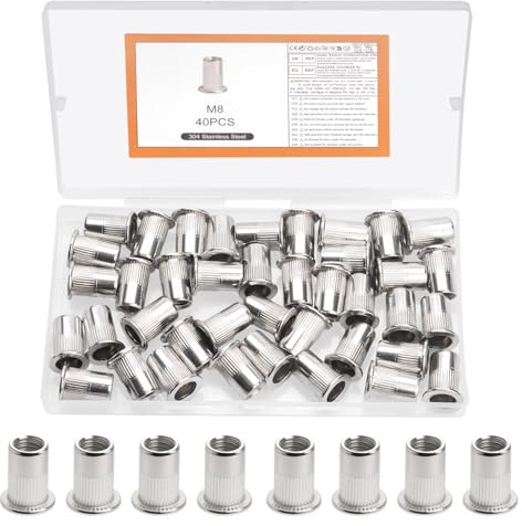 40 stycken nitmuttrar M8, inpressningsmuttrar, blindnitmuttrar gängnieter, indragningsmuttrar, rostfritt stål platthuvud hylsmutter, gänghylsor, nitmuttrar, Rivet Nutsert för metallplattor rör