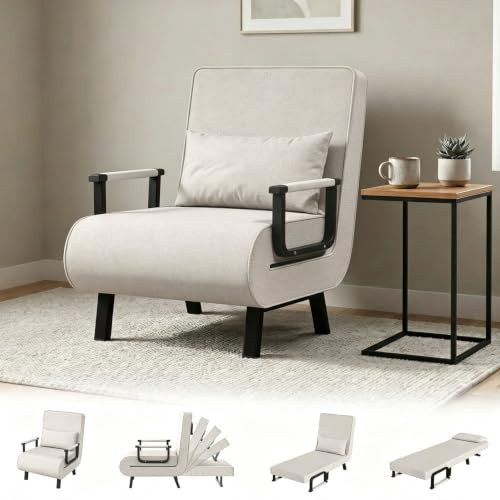 JMGJOY Single Sofa Bed Chair Folding 4-in-1 Multi-Functional Convertible Recliner Chair 6-Position Adjustable Backrest Foldable Memory Foam Metal Frame Guest Bed Max.180kg Sleeper Couch Pillow, Beige