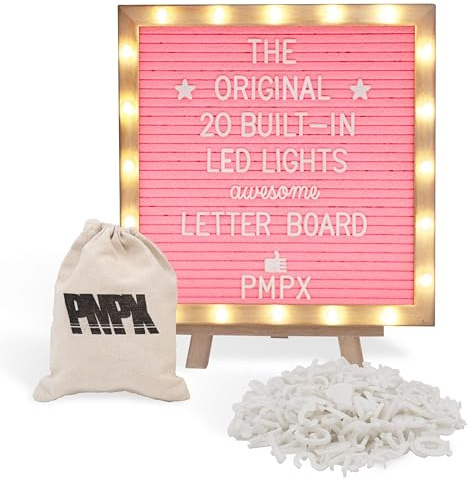 Letter Board THE ORIGINAL Pink Felt Board with Stand, Built-in LED Lights 10 x 10 -Menu Board + Wood Frame, 340 Letters, Emojis + Cursive words - Custom Sign Messages, Pregnancy Announcement, Weddings