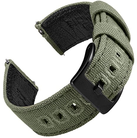 EACHE 20mm Canvas Leather Watch Strap for Mens with Army Green Military Watch Bands Compatible with Huawei Watch 2/Samsung Galaxy Watch Active
