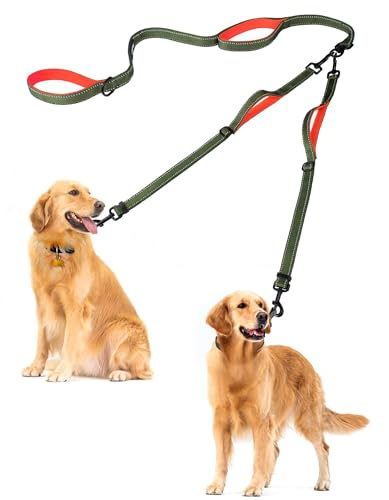 PetBonus dubbelhundkoppel, trasselfritt dubbelkoppel, reflekterande promenad- och träningskoppel, 4 bekväma vadderade handtag för 2 hundar med hopfällbar skål och bajspåsar (kakigrön, stor)