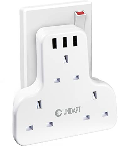 Unidapt 3 Way Plug Adapter with 3 USB Ports, 13A Multi Plug Extender 6-in-1, Flat Wall Socket Extension, UK 3 Pin Type G Plug for Home, Office, Kitchen & Travel - White