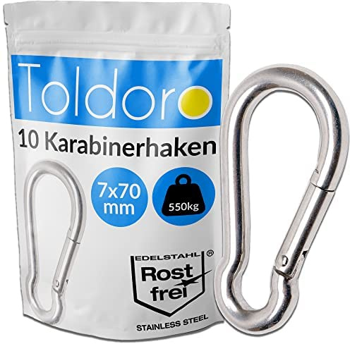 Toldoro® 10x Moschettone acciaio inox 7x70mm / Moschettone multifunzione per altalena, campeggio o slackline/Carabiner/Set di moschettoni piccolo