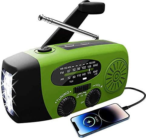 Solradio Hancaner bärbar vevradio Dynamo-radio med AM/FM/NOAA, inbyggt 1 200 mAh uppladdningsbart batteri, med 3 LED-ficklampor, LED-lä för nödsituationer utomhus