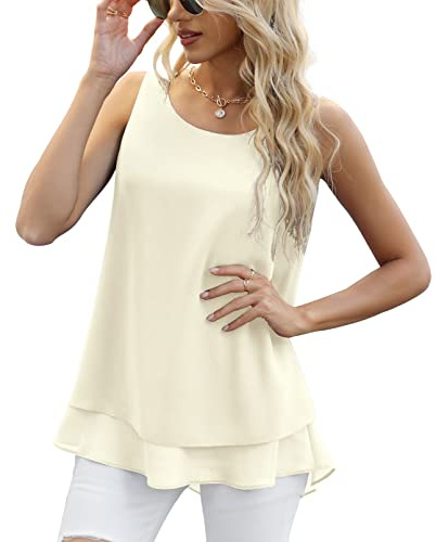 Womens Vests Chiffon Elegant Sleeveless Blouses Tank Top for Women | Ladies Lightweight Vests Double Layers Chiffon Slim Fit Casual Soft Blouses Womens Classic Sleeveless Tank Top Daily Wedding