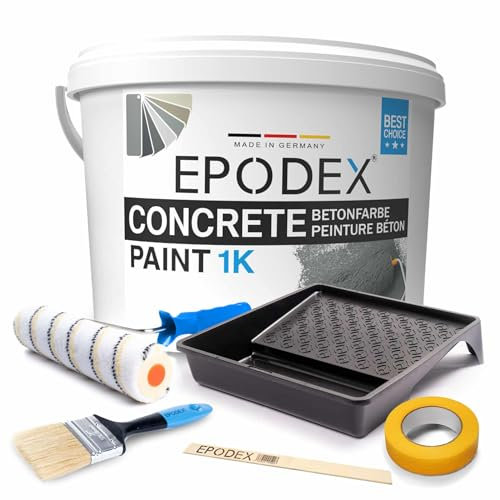 EPODEX 1K CONCRETE PAINT | Betonfarbe mit Zubehör | Bodenfarbe & Wandfarbe | hochdeckend, UV-beständig, abriebfest | Innenbereich und überdachte Außenbereiche ohne stehendem Wasserkontakt