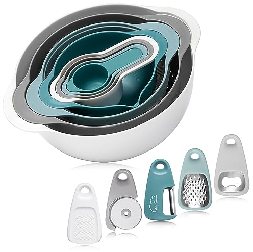 Esie Houzie Rührschüssel 13er set,Mixing Bowl Set, Kunststoff Salatschüssel Rutschfest Stapelbar Servierschalen BPA-frei Ideal zum Kochen/Backen/Aufbewahrung