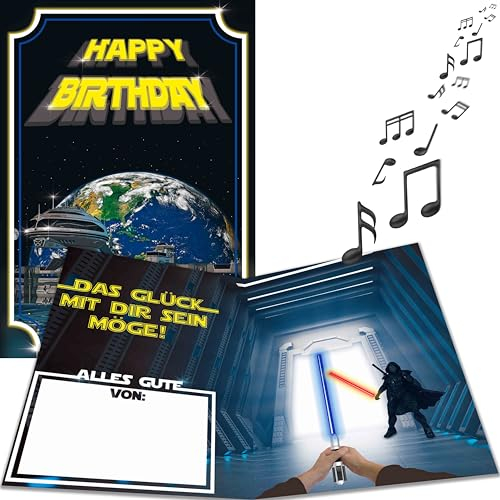 bentino XL Musikkarte Lichtschwert, MEGA Lichteffekt, Geburtstagskarte mit Sound, DIN A4 Set mit Umschlag, lustige Glückwunschkarte zum Geburtstag