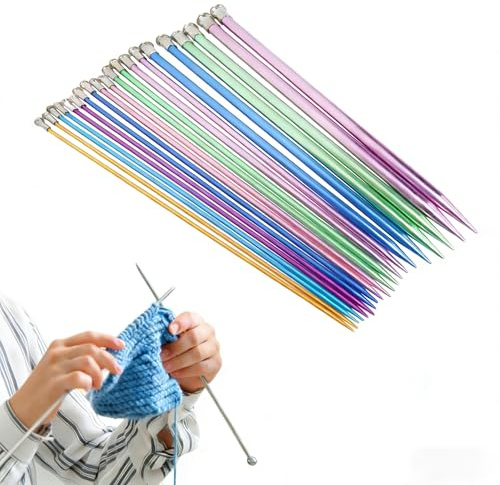 Juego de Agujas de Tejer, Juego de Agujas de Tejer de Aluminio de 25 Cm/9,8 Pulgadas, Ultraligeras de Colores de una Sola Punta, Varios Tamaños Disponibles, Juego de Agujas de