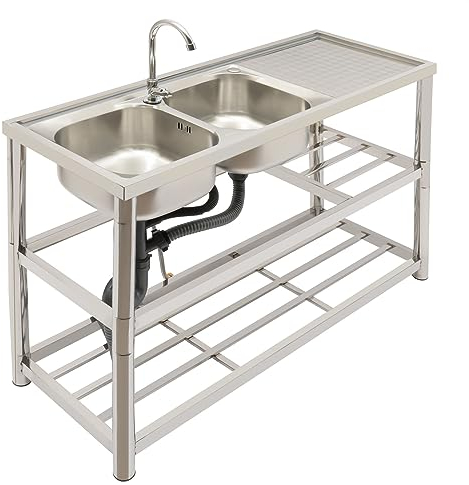 OUKANING 120x45x80cm Doppel Spülbecken Gastro Doppelspüle Küche, Freistehende Spültisch Komplettes Set, Doppelte Wasserhahnlöcher, Tragfähigkeit 100kg, Häuslich/Kommerziell