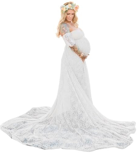 Wedhapy Mammaklänning för fotografering, moderskapsklänning lång spets moderskapsklänning, axellös graviditet fotograferingsklänning, ihålig rygg graviditet fotograferingskläder för baby shower L