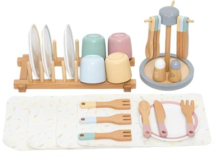 Milageto Holzspielzeugteller, Geschirr, Spielbesteck, Tellerset, Simulationslöffel, Spielgeschirr für Kinder, Montessori für Mädchen, Geburtstagsgeschenk