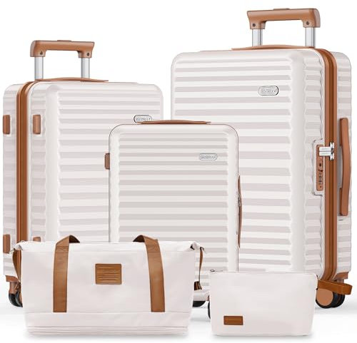 SHOWKOO Kofferset 5 Teilig Leicht Hartschale Erweiterbar 100% Polycarbonate Reisekoffer Große Kapazität Hartschalenkoffer Set Trolley Handgepäck Mit 1 Reisetasche und 1 Kulturbeutel, Beige Weiß
