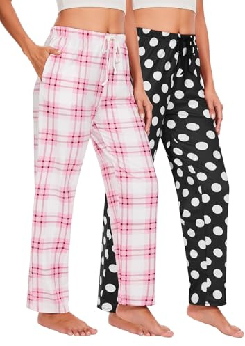 Komfokore Pigiama da donna, pantaloni lunghi a quadri, pantaloni da pigiama elasticizzati, morbidi con tasche, Rosa a quadretti/pois, S