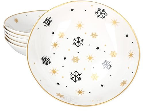 MamboCat Set di 6 piatti fondi con stelle e fiocchi di neve da 500 ml, 6 persone, piatti profondi in gres porcellanato con stelle e fiocchi di neve per insalata, zuppa, riso e pasta