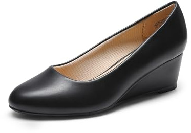 DREAM PAIRS Escarpins à talons compensés bas à bout rond fermé pour femme - Confortables à enfiler - Chaussures habillées de travail ou de mariage, Noir-PU, 6