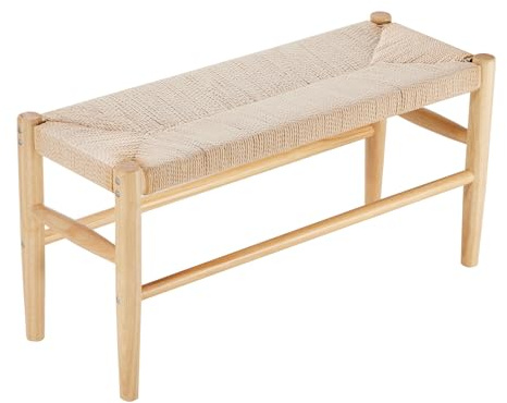 VEVOR Rattan 31.5 Wooden Bench with Oak Wood Legs, Bedroom End of Bed Boho Style, for Living Room and Kitchen