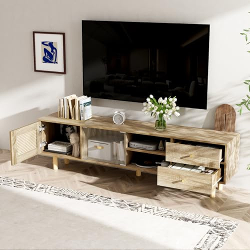 YYXLDYNB Meuble TV moderne avec porte et rangements multiples, meuble TV rotin, compartiments ouverts et portes coulissantes en verre