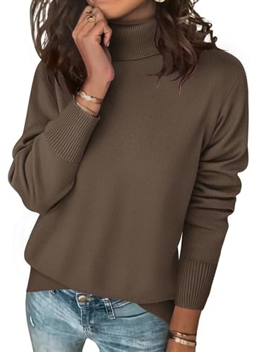 Zeagoo Pull à col roulé élégant pour femme - Pull en tricot à manches longues - Décontracté - Col roulé - Tricoté - Pour l'automne et l'hiver, marron, M