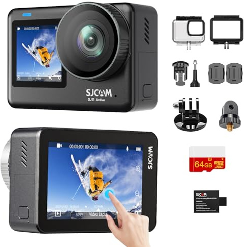SJCAM SJ11 Active Cámara Deportiva 4K 20MP, Action Camera Doble Pantalla Táctil, Cámara Acuática Sumergible 5M, Giroscopio 6-Ejes Estabilizador, WiFi 5G, Cámara para Moto y Vlog + Tarjeta 64GB