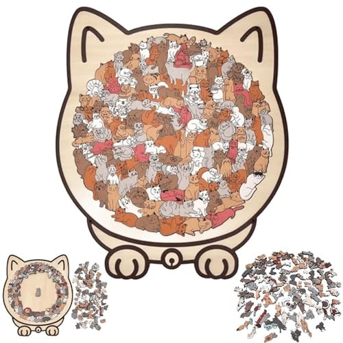 Puzzle en Bois de 135 pièces en Forme de Chat aux Couleurs Morandi, Puzzle en Bois de Chat en Forme d'animal, encadré par des Contours de Chat enchanteurs, pour la Famille, Les Amis, Les (D)