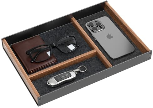 Walnut Wood Desk Drawer Organizer Tray, Valet Tray Made of Aluminum and Wooden, Aesthetic Desk Accessories for Office Workspace Supplies Bed Storage