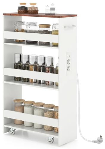 GIANTEX Scaffale per Nicchia da 20 cm di Larghezza, con Base di Ricarica, 4 Piani in Legno su Ruote, Scaffale Sottile per Cucina e Bagno, Carrello a Rotelle (Naturale+Bianco, Largo 20cm, con presa)