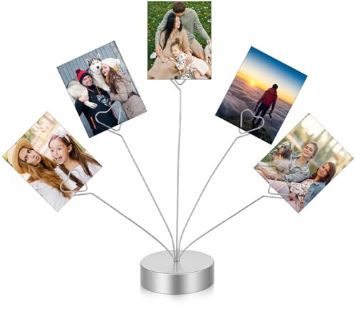 Quilax Heart-Shaped Photo Tree Holder Clip, 5-Branch Metal Desktop Gift Card Tree Stand, Silver Picture Holders for Tables, Photo Card Holder for Wedding Christmas Birthday Party Decor