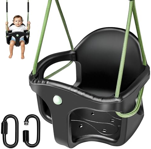 Columpio para bebé, columpio para exteriores, respaldo alto, carcasa de plástico, asiento con cuerda ajustable de 1,3 – 2 m y 2 mosquetones, columpio de jardín para niños que crece en crecimiento