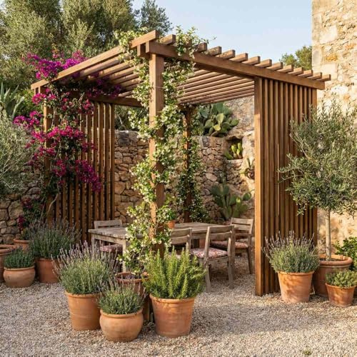 Sunwood Pergola Isola Deluxe 240x240 cm, in Legno di Pino Bilama, con Frangisole Integrato, Struttura Autoportante Professionale per Giardino e Terrazzo