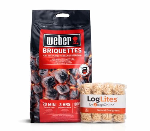 Logs Online BBQ Charcoal Bundle – Weber (3 Bags) 8KG Briquettes + 50 LogLites Firelighters – Barbecue Grill Accessories for Charcoal Grill Cooking & Fire Starters