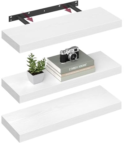 VASAGLE Wall Shelves Set of 3, Floating Shelves, 20 x 60 x 3.8 cm | Wall Mounted, for Picture Frames, Wall Decor, Living Room, Study, Kitchen, Snow White