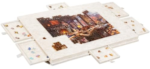 LUPATDY Svängbart pusselbord 1 000 bitar – pusselbräda med 6 lådor och filtyta, bärbar pusselbräda med 2-i-1-stativ, perfekt för hem och resor, 52 x 77 cm, ljusbeige