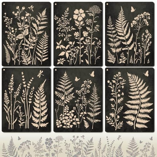 Cuxawamiyo Plantillas para decoración de Paredes, Juego de 6, Plantillas Grandes Reutilizables para Pintar con diseño botánico de helechos y Flores para Muebles, Pared y Manualidades DIY