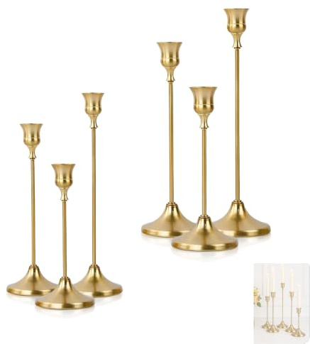 6 Pcs Candle Holders Set, Metal Candlestick Holders of 3 Sizes (Gold)