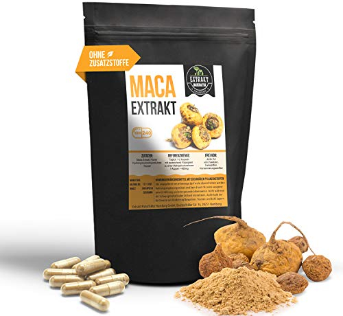 Maca Extrakt | 240 Kapseln 400mg | Wurzelextrakt naturrein - ohne Zusatzstoffe | hochdosiert, vegan & in Deutschland hergestellt (Kapseln 240)