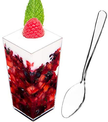 DLux 100 x 3 oz Mini Dessert Cups with Spoons, Square Tall - Clear Plastic Parfait Appetizer Cup - Small Reusable Serving Bowl for Party Desserts Appetizers - with Recipe Ebook