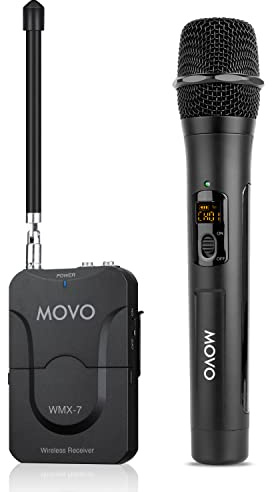 Movo WMX-7-TH+RX Handheld Wireless Microphone System - Omnidirectional Microphone with Built-in VHF Transmitter, Bodypack Receiver - Wireless Mic Interview Kit for Reporters, Vlogging, Live Events