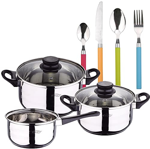 San Ignacio PK4932 - PACK BATERÍA DE COCINA 5 PIEZAS + SET DE CUBERTERÍA 24PC EN ACERO INOXIDABLE MANGOS MULTICOLOR