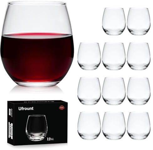 Ufrount Stemless Wine Glasses Set of 12,16 OZ Stemless Wine Glass Cups,Clear Christmas Red Wine Glassware White Wine Glass Tumblers,Elegant Crystal Bourbon Glasses Water Cups for Wine,Whiskey