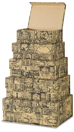 Soul & Lane Vintage Voyage Decorative Cardboard Storage Boxes with Lids - Set of 5 Nesting Keepsake Boxes, Antique-Style Organizers with Magnetic Closure for Home Décor, Memories, and Gifts