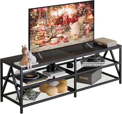 TV-Schrank, Fernsehtisch, Lowboard für Fernseher bis zu 65 Zoll, Fernsehschrank mit 3 offenen Fächern, TV-Regal für Wohnzimmer Schlafzimmer, 140 x 40 x 50 cm, Industrie Design, Stahlgestell, Schwarz