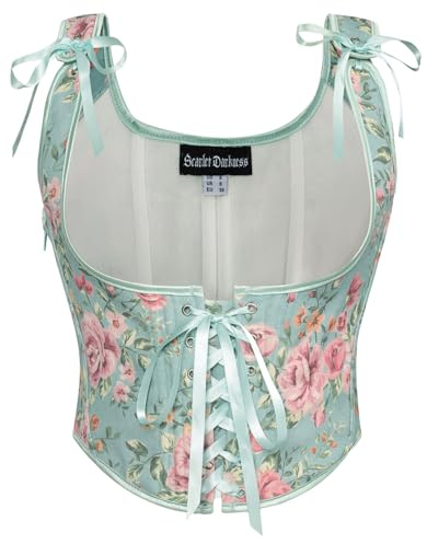 SCARLET DARKNESS Renaissance Corsage Floral Print Lace-Up Scoop Neck Corset Gilet Vintage Rétro Bustier Rose Bleu 40
