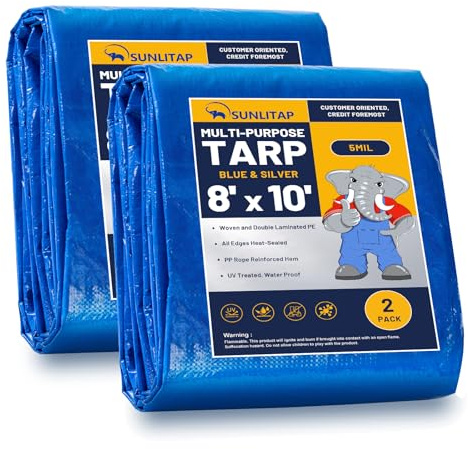SUNLITAP 8x10Ft Blue Waterproof Poly Tarp, 2 Pack 5 Mil Multipurpose Tarp