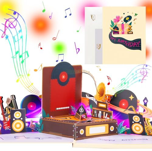 Musical Pop Up Tarjeta de cumpleaños con luces, diseño de tocadiscos 3D, reproduce melodía de feliz cumpleaños, tarjeta de felicitación hecha a mano con sobre, tarjeta de cumpleaños para hombres