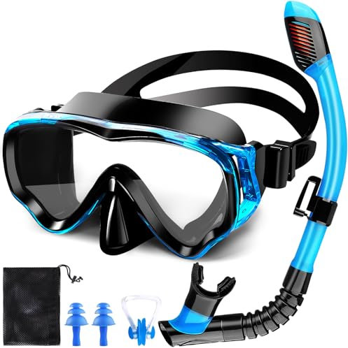 NLMWTI Schnorchelset Kinder, Taucherbrille Kinder mit 180° Panorama HD Sicht, Anti-Nebel & Anti-Leckage, Strapazierfähiges Sicherheitsglas, Verstellbare Seitenbänder (Schwarz/blau)