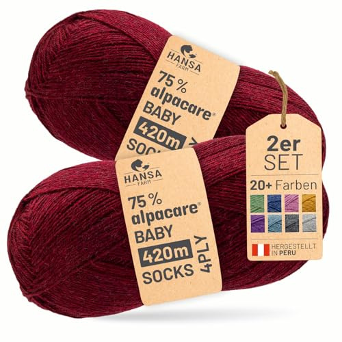 HANSA-FARM |alpacare 75% waschbare Baby Alpaka Socks 224g Set (2 x 112g) Sockenwolle kratzfreie Wolle zum Stricken & Häkeln - HF179 Weinrot Melange
