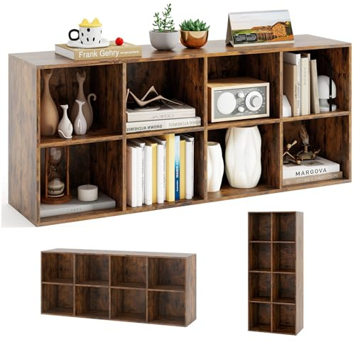 KOMFOTTEU Librería con 8 Cubos, Estantería para Libros con 2 Dispositivos Antivuelcos, Mueble de Almacenamiento de Madera, para Salón, Dormitorio, Oficina, 121,5 x 29 x 61 cm (Marrón)